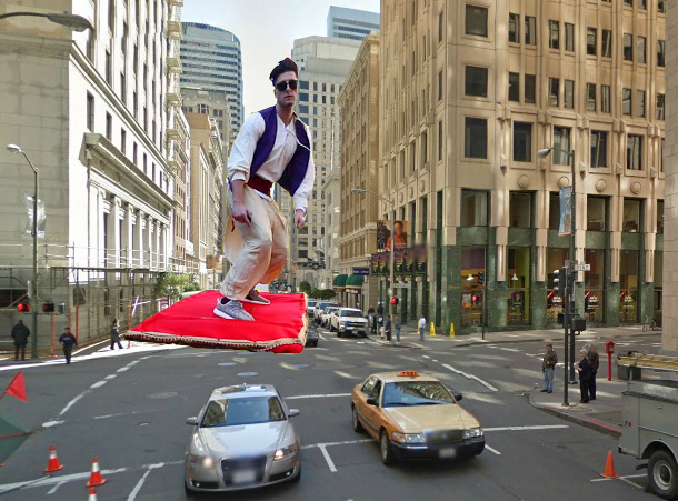 ALADDIN MAGIC CARPET new york flying Travelling in a around Town, while amazed onlookers try to snap photos in amazement and awe.