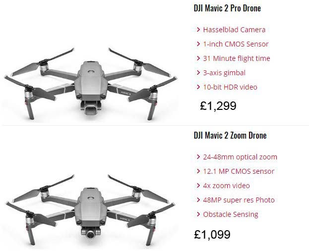 DJI Mavic 2 Pro Drone vs Zoom specs