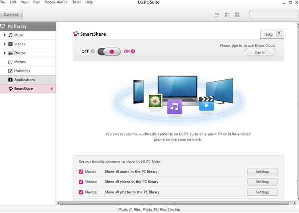LG PC Suite also has SmartShare , the ability to access music and video via DLNA or Smart Televisions