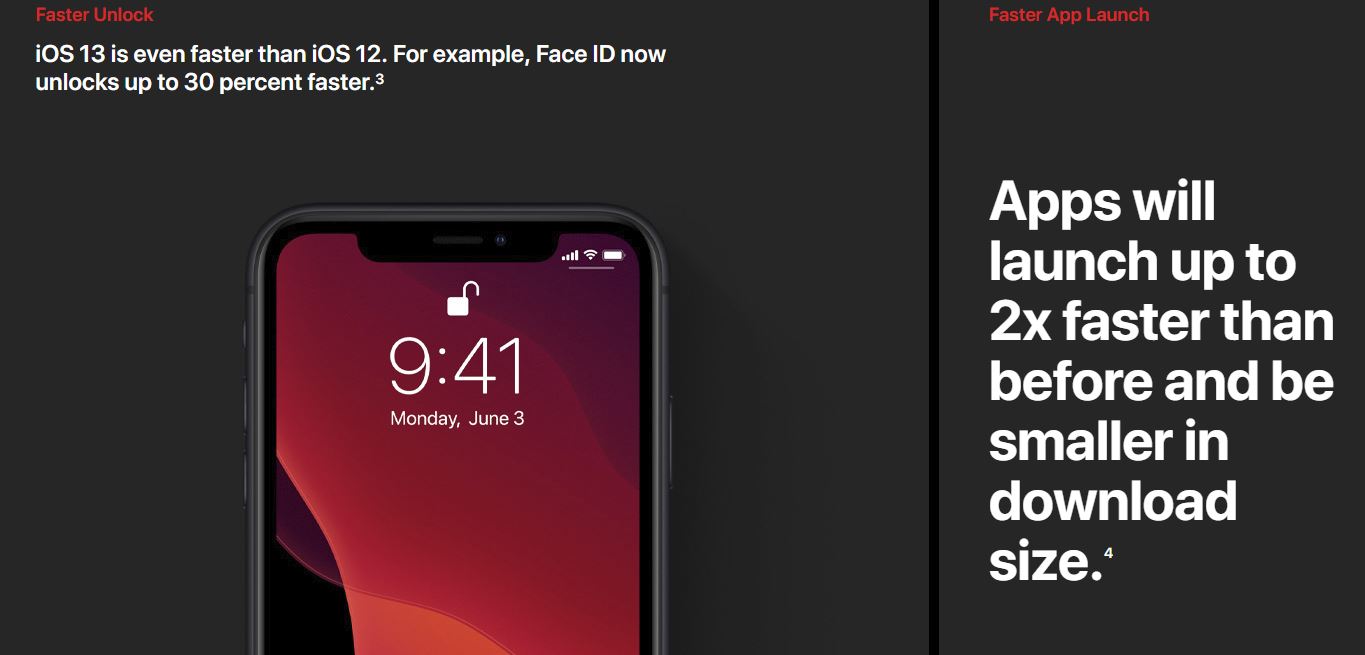iOS 13 is even faster than iOS 12. For example, Face ID now unlocks up to 30 percent faster.