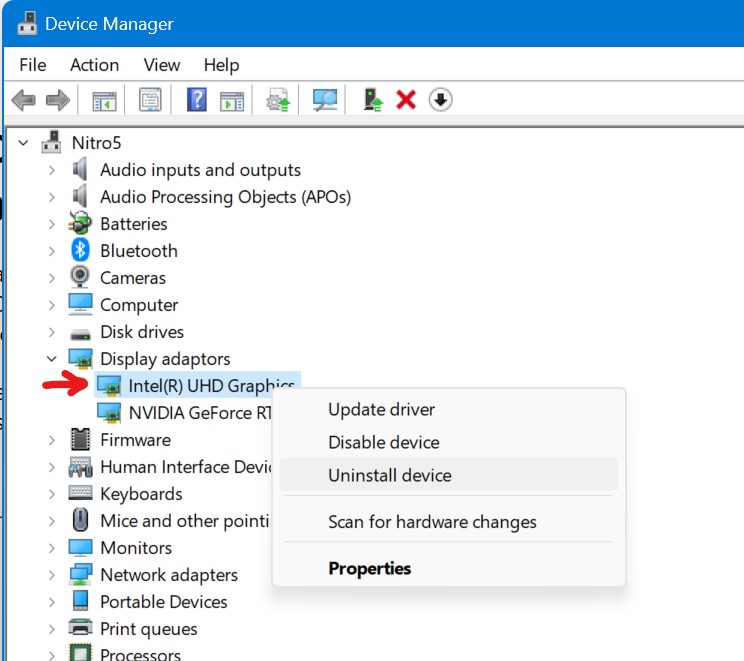 device manager uninstall intel uhd